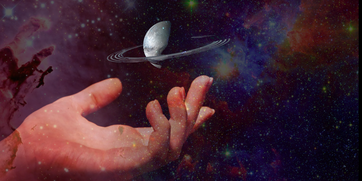Hand holding planet with background of universe